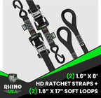 Rhino USA Ratchet Straps Heavy Duty Kit (2-Pack) - 1.6 Inch x 8 Feet (5,208lb Break Strength) - Ultimate Tie Down Straps with Safety S Hooks for Trucks, ATV, UTV, Motorcycle, Cargo & More - Black