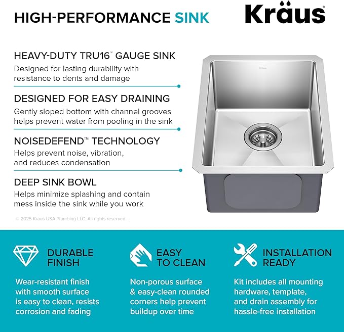 KRAUS Standart Pro 14 -inch Undermount Single Bowl 16 Gauge Stainless Steel Bar Kitchen Sink, KHU101-14