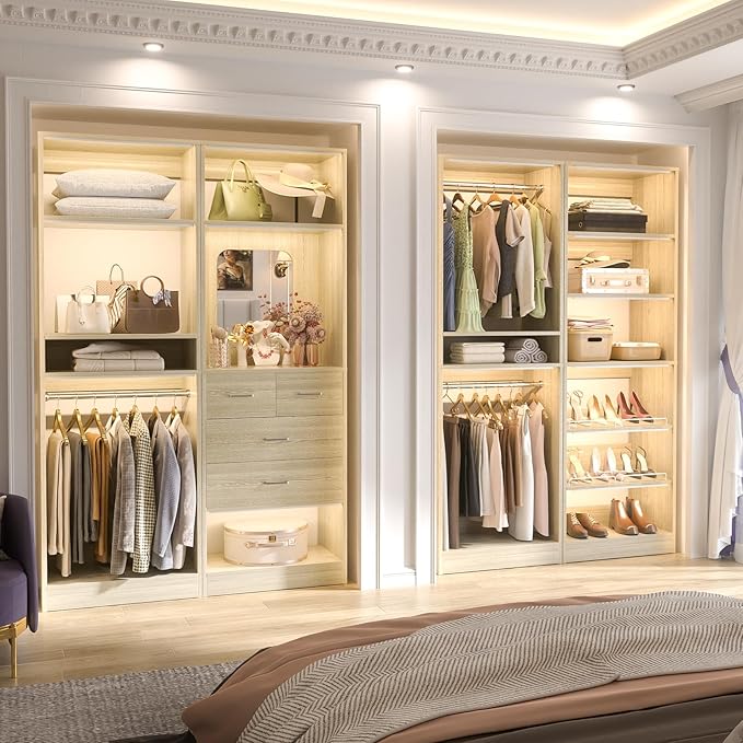 Unikito 50” Closet System with 4 Drawers, 4.2FT Wood Closet Organizer with Hanging Rod and Mirror, Reversible Small Walk in Closets Wardrobe, Adjustable Sturdy Clothes Garment Rack, White Oak