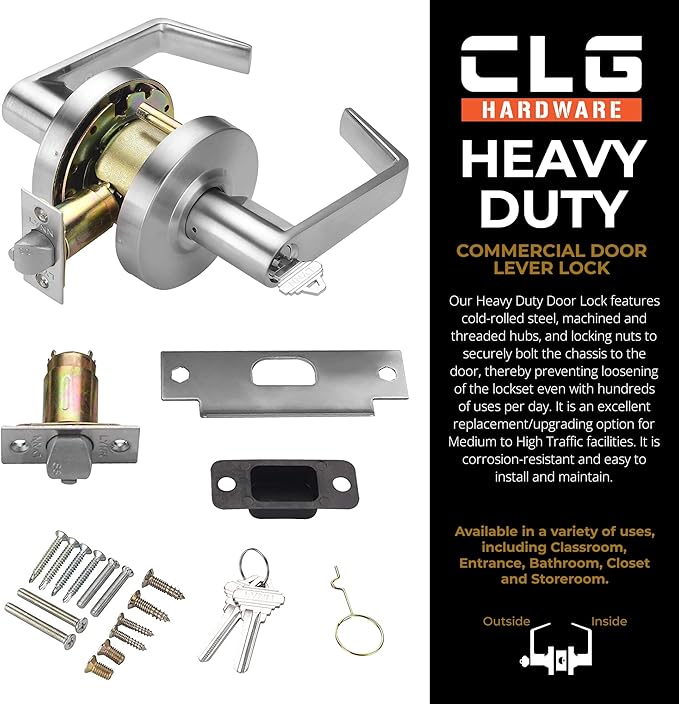 CLG HARDWARE Commercial Lever Door Lock - Heavy-Duty Locking Door Handle, Designer Door Handles, Cylindrical Lever Lock, Non-Handed Grade 2 Industrial Door Handle, 26D Satin Chrome, Storeroom Function