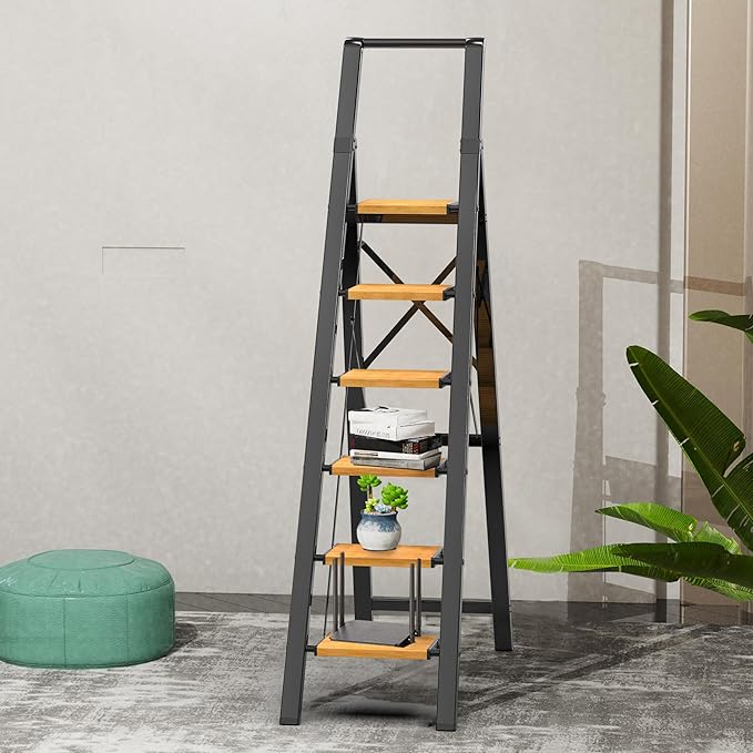 GameGem 6 Step Ladder for 12 Feet High Ceiling, Lightweight Aluminum Folding Step Stool with Convenient Handgrip, Stepladders with Anti-Slip and Wide Pedal for Home Use Space Saving - Black+Woodgrain