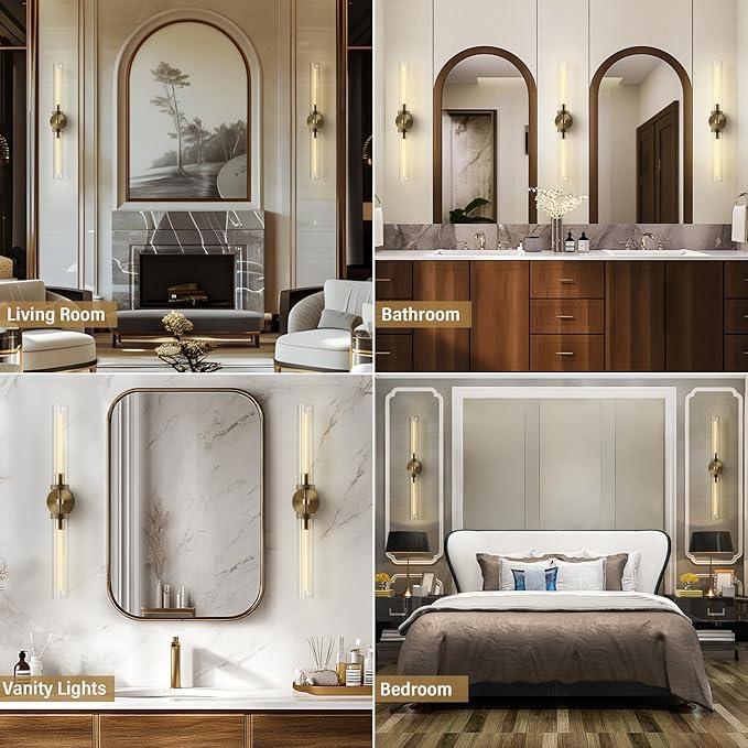 Brass Wall Sconces Set of 2, Double Lights 30" Knurled Texture Indoor Wall Light Fixtures, Bathroom Vanity Light Fixtures with Clear Glass, Modern Wall Lamp for Living Room Hallway(Bulb Included)