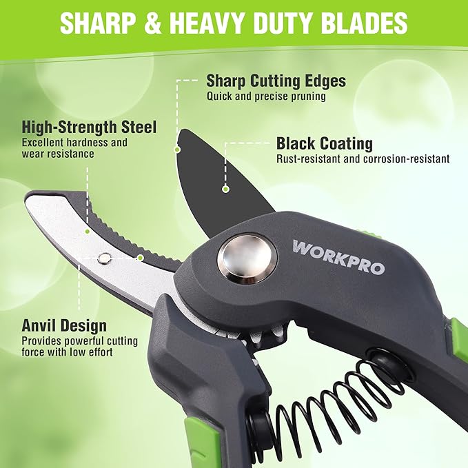 WORKPRO 8.5" Anvil Pruning Shear, Heavy Duty Garden Scissors & Clippers with Labor-Saving Design, Handheld Gardening Shears with Ergonomic Handle for Thick Branch Trimming
