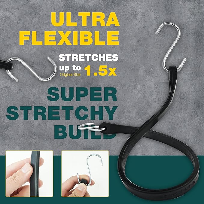 Bungee Cords with Hooks 21" 50 Pack, Heavy Long Duty Rubber Tarp Straps with Crimped S Hooks for Securing Cargo, Tarps in Extreme Weather, Max Stretch 1.5X & Max Load Capacity 185 LBS