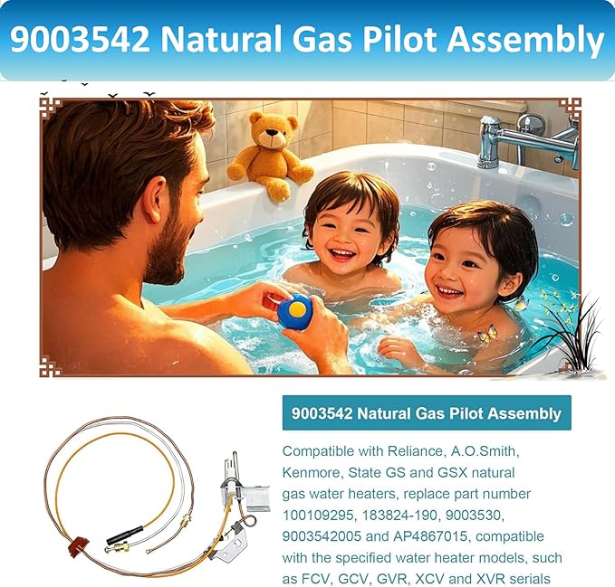 Long Term 9003542 Pilot Assembly Replacement for Natural Gas Water Heater, Compatible with Reliance, A.O.Smith, Kenmore, State GS and GSX, Replaces 100109295,9003542005