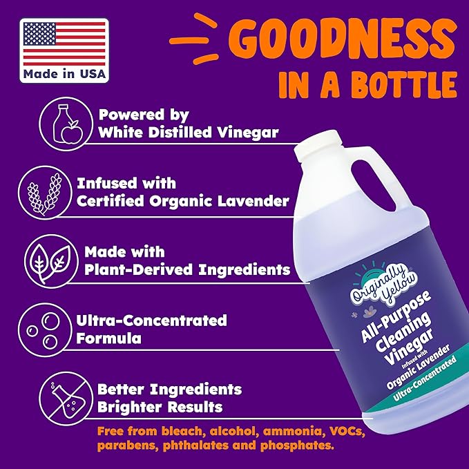 Originally Yellow Lavender Distilled White Vinegar For Cleaning Purpose | USA Made All Purpose Cleaner | Use as Glass, Kitchen & Floor Cleaner | Plant Derived Cleaning Vinegar Gallon 2 pack | 128 Oz
