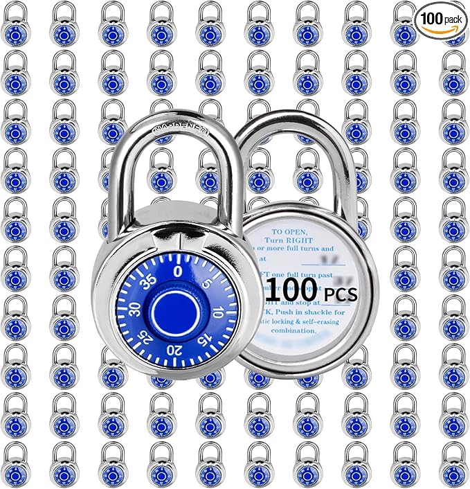 Combination Lock, LQYN Standard Dial Combination Lock, Pack of 100; Blue Turnplate, 2 in. Wide, Fixed Three Digital Combination, for School, Gym & Locker, Toolbox, Gate