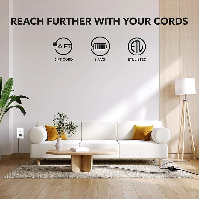 HBN Indoor Extension Cord 6ft 3 Pack Brown, 3 Outlets with Safety Cap Included, 2 Prong Polarized Plug, Perfect for Homes, Offices, and Kitchens