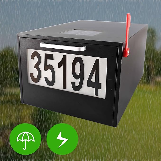 Black Post Mount Mailbox - 2 Lighting Modes Solar Numbers Light Large Capacity Infrared Sensor Illuminated at Night - Iron Numbers Mail Box Outdoor