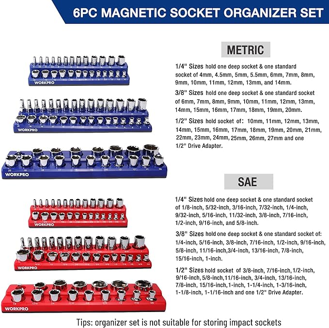 WORKPRO Magnetic Socket Organizer Set, 6-Piece Socket Holder Set Includes 1/4", 3/8", 1/2" Drive Metric SAE Socket Trays, Holds 143 Pieces Sockets, Christmas Gift for Men(Socket not Included)