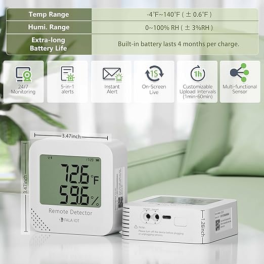 WiFi Temperature & Humidity Monitor, No Subscription 24/7 Remote Temp Sensor with Email, Text Alerts, Sound & Light Alarm, Idea for RV, Pet, Greenhouse, Farm, Freezer, Server Room,S22D