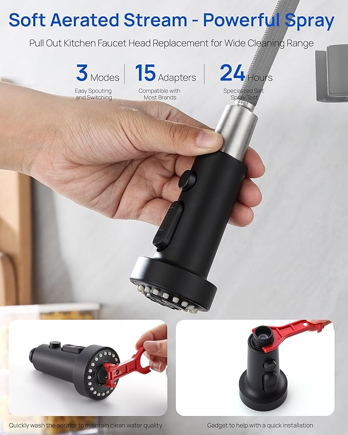 J-HVA Pull Down Kitchen Faucet Sprayer Head Replacement Part, 3 Function with 15 Adapters Pull Out Sink Sprayer Replacement Nozzle, Kitchen Faucet Head Hose Spray Tap Spout, Matte Black