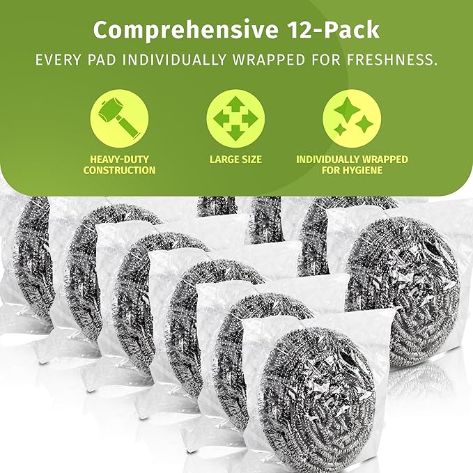 Brheez Stainless Steel Cleaner Scouring Pads [12 Pack] - Industrial & Commercial Strength Large Cleaning Supplies Dish Sponge - Individually Wrapped 100 Gram