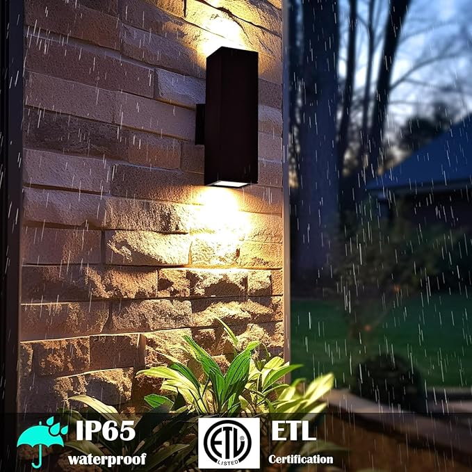 Up and Down Lights Outdoor Wall Light Dusk to Dawn, Exterior Light Fixture Wall Mount 2 Pack, Matte Black Front Porch Light, IP65 Outdoor Wall Sconce for Patio, Garage, Front Door - ETL Listed