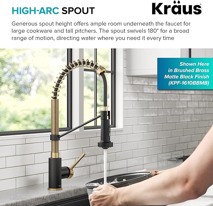 KRAUS Bolden Commercial Style 2-Function Single Handle Pull Down Kitchen Faucet in Spot-Free Brushed Brass, KPF-1610BB