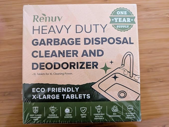 Renuv Garbage Disposal Cleaner and Deodorizer Tablets Drain Freshener, Foaming Citrus Scent, Sink Odor Refresher for Kitchen Garbage Disposer Cleaning (12 XL Tablets - One Year Supply)
