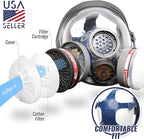 Full Face Organic Vapor Respirator - Protective Eye & Nose Shield with Anti-Fog Heavy Duty Lens & Adjustable - Chemical, & Particulate Respirator. Includes 2 Filter Cartridges - Industrial Grade