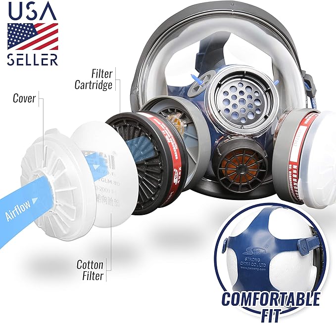 Full Face Organic Vapor Respirator - Protective Eye & Nose Shield with Anti-Fog Heavy Duty Lens & Adjustable - Chemical, & Particulate Respirator. Includes 2 Filter Cartridges - Industrial Grade