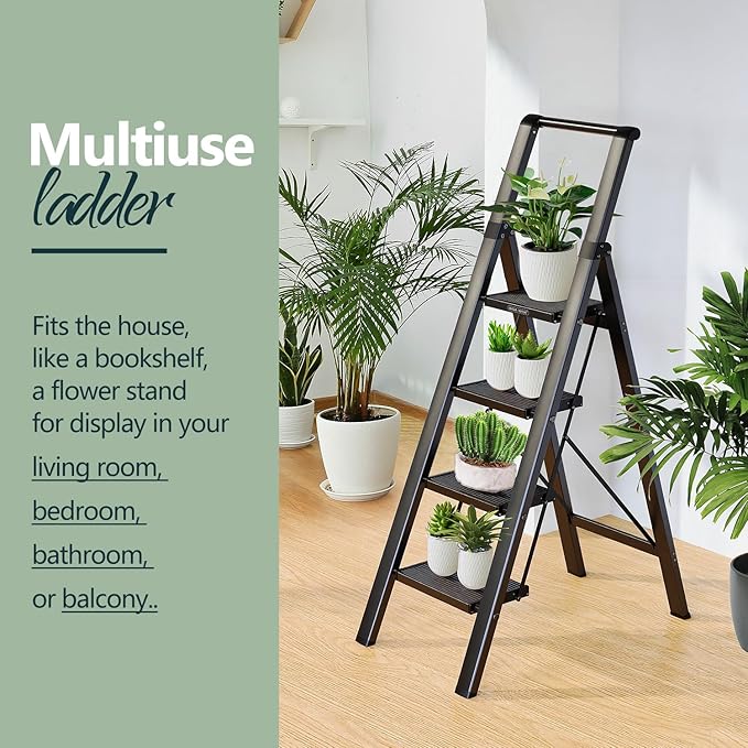 WOA WOA 4 Step Ladder for 10 Feet High Ceiling, Lightweight Foldable Ladder with Non-Slip Wide Pedals, Step Stool with Safe Handrail, Space Saving for Home, Kitchen, Indoor & Outdoor 300lbs - Black