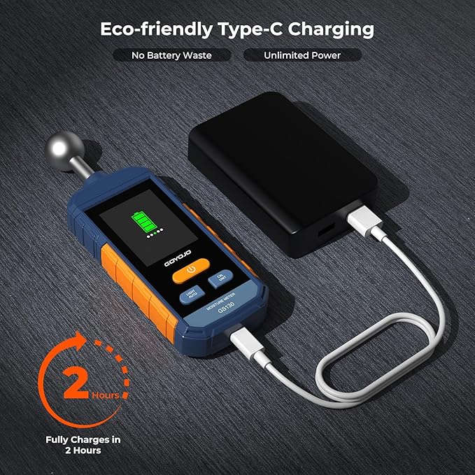 Pinless Wood Moisture Meter for Walls & Drywall | Digital Moisture Detector, Concrete Moisture Meter & Firewood Reader | GS130 USB-C Rechargeable Humidity Tester