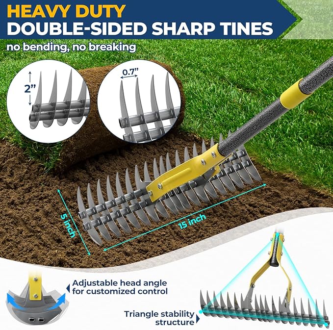 Rake, 51" Heavy Duty Metal Dethatcher Rake with 15" Wide Double-Edged Sharp Tines Thatch Rakes for Lawns,Dead Grass Removal,Soil Loosening,Lawn Care, Dethatching,Yard,Garden