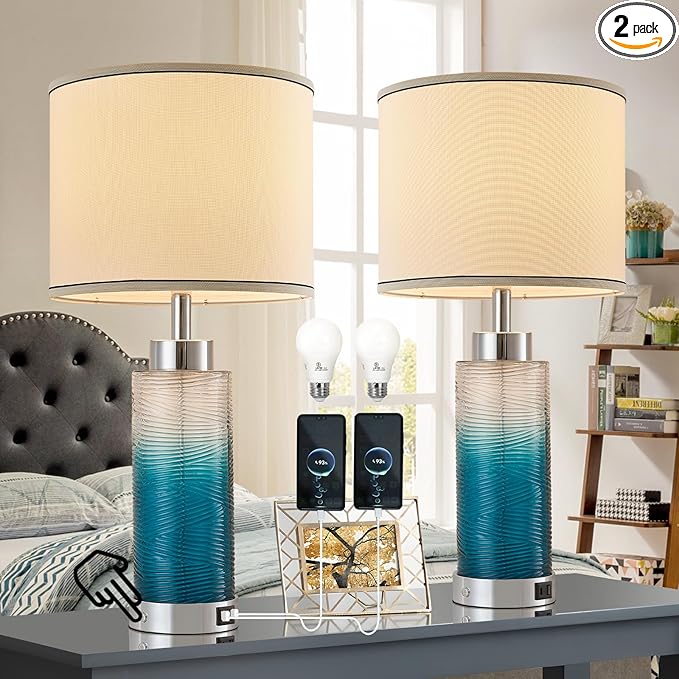 Modern Glass Table Lamps, 3-Way Dimmable Touch Control Bedroom Lamps for Nightstands，Bedside Lamps Set of 2 with USB A+C Ports,Living Room，Home，Office with Linen Shade (Bulbs Included)
