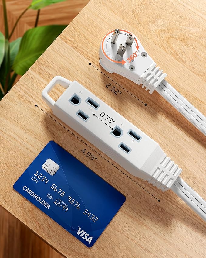 DEWENWILS 3FT 360° Rotating Flat Plug Extension Cord/Wire, 16AWG Multi 3 Outlet Extension Cord, 3 Prong Grounded Wire for Small Appliances, 2 Pack, White