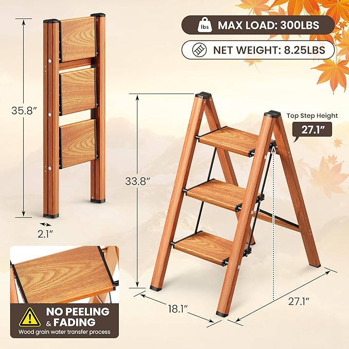 GameGem 3 Step Ladder, Folding Step Stool with Anti-Slip Wide Pedal, Aluminum Material Lightweight Yet Sturdy, 300 Lbs Load, Cute Modern Apperance for Indoor Household Spaces