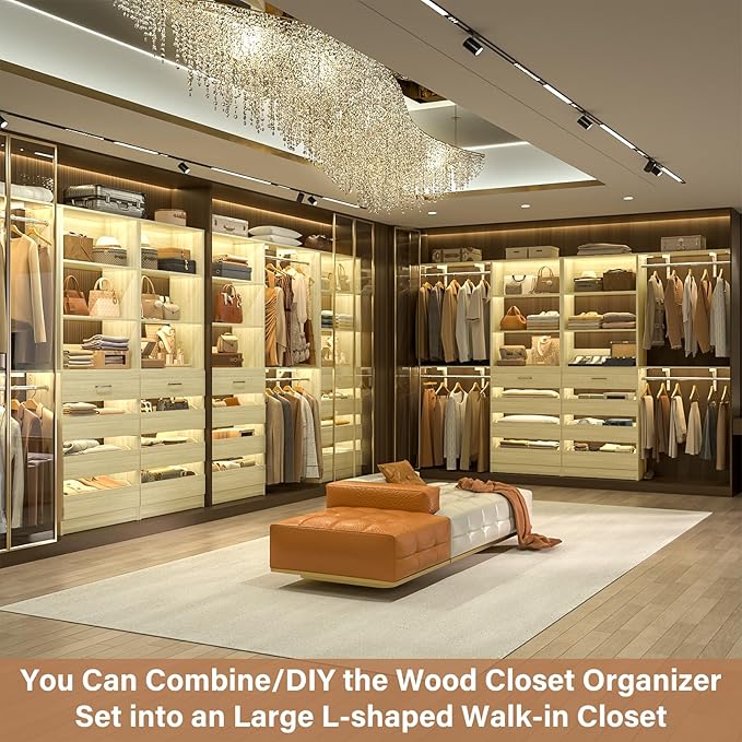 Aheaplus Closet System with 8 Wooden Drawers, Wood Closet Organizer System with Tower, Walk-in Closet Organizer Wardrobe Clothes Rack with 4 Hanging Rods, Garment Rack, Cut to Fit 7-12Ft, White Oak