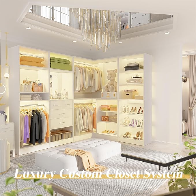 Unikito 110” Closet System with Drawers, 9.3FT Corner Closet Organizer with 4 Hanging Rods, Reversible Large Wood L Shaped Walk in Closets Wardrobe with Shoe Shelves, Max Load 3000LBS, Set of 4, White