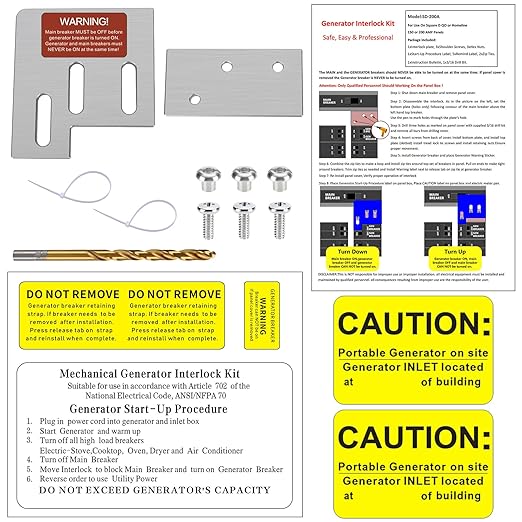 Generator Interlock Kit Compatible with Square D QO or Homeline 150 or 200 Amp Panels. 1 3/8 Inches Spacing Between Main and Generator Breaker,Breaker Interlock Switch for Generator.