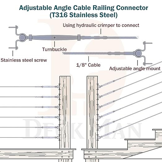 T316-Stainless Steel Adjustable Angle 1/8" Cable Railing Kit/Hardware for Wood Post，Marine Grade (6 Pack)