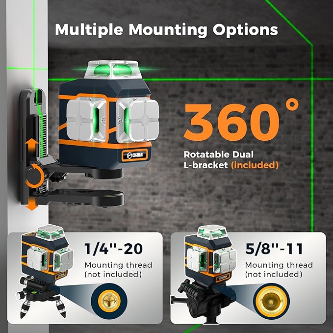 CIGMAN Laser Level CM-801 Laser Level Self Leveling 3x360°3D Green Cross Line for Decoration and Picture Hanging with Two Rechargeable Batteries, Remote Controller and Magnetic L-Shaped Bracket