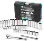 DURATECH 3/8" Drive Socket Set, 40 Piece Tool Set Including Standard (SAE) and Metric Sockets, 90-Tooth Ratchet Handle and Extension Bar