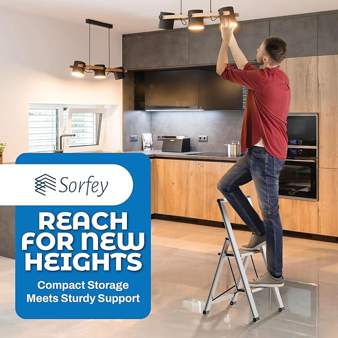 Step Ladder 2 Step Folding, Decorative - Beautiful Bamboo & Black Aluminum, Ultra Slim Profile, Anti Slip Steps, Sturdy-Portable for Home, Office, Kitchen, Photography Use,by SORFEY