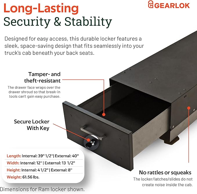 GearLok UnderSeat Truck Locker – Secure Under Seat Storage for Ram 1500 Trucks – Lockable Truck Organizers and Storage for Tools, Ammo and Equipment (Fits 39.5"x12"x4.5" Interior)