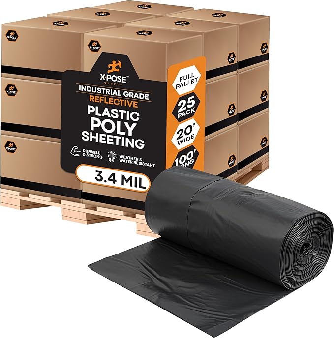 Xpose Safety Black Plastic Sheeting (Bulk Half Pallet 25 Pack) – 20' x 100' Rolls – Heavy Duty 3.4 Mil Poly Sheet – Waterproof, Dustproof, Vapor Barrier – for Construction, Painting, Industrial Use