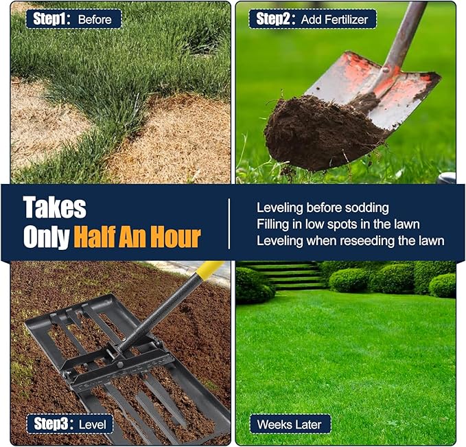 Heavy Duty Lawn Leveling Rake 30x10 with 70" Adjustable Handle - Commercial Grade Landscape Grading Tool, Foldable Yard Leveler for Soil Sand & Topdressing | Stainless Steel + Ergonomic Design