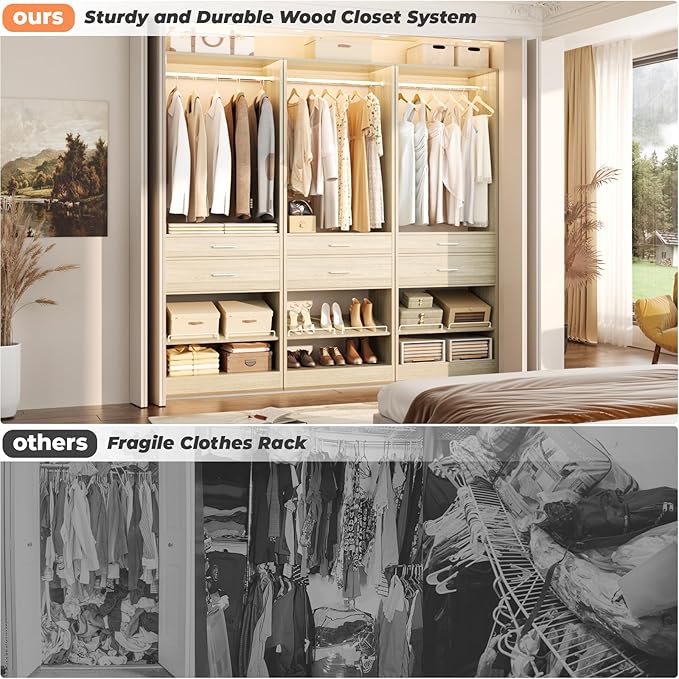 Unikito 25” W x 80'' H Closet System Organizer with Hanging Rod and 2 Wooden Drawers, Adjustable Shoes Rack, Sturdy Garment Racks, Walk-in Closet Tower for Bedroom, Mudroom, and Entryway, White Oak