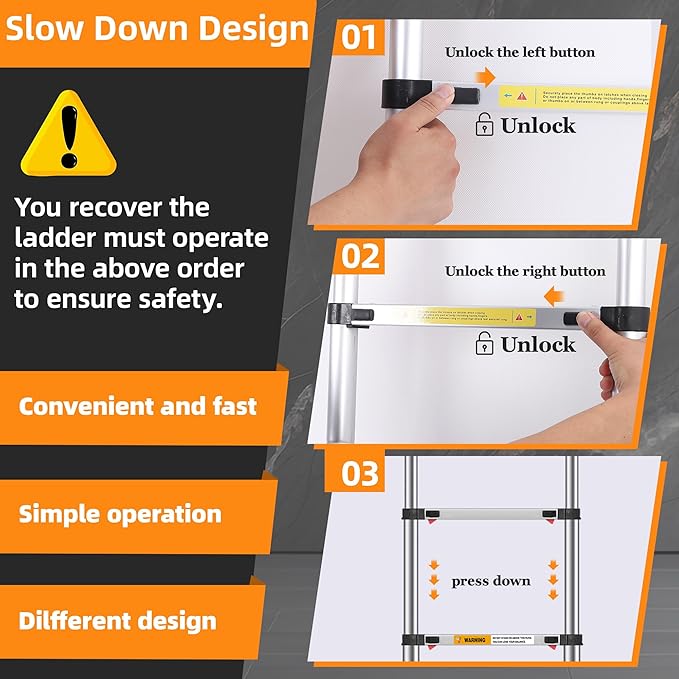 16.5 FT Stainless Steel Telescoping Ladders - One-Button Retraction Collapsible Extension Ladder for Home,RV,Attic,Lasts 375 LBS