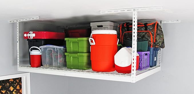 SafeRacks 4x6 Overhead Garage Storage Rack - Height Adjustable Steel Overhead Storage Rack - 500 Pound Weight Capacity (White, 18"-33")