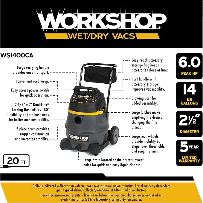 WORKSHOP Wet/Dry Vacs Shop Vacuum WS1400CA 14-Gallon 6.0 Peak HP High Power Wet Dry Vacuum Cleaner with Filter, Dust Bag, Hose, Attachments and Cart for Garage, Basement and Workshop Cleaning