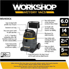 WORKSHOP Wet/Dry Vacs Shop Vacuum WS1400CA 14-Gallon 6.0 Peak HP High Power Wet Dry Vacuum Cleaner with Filter, Dust Bag, Hose, Attachments and Cart for Garage, Basement and Workshop Cleaning