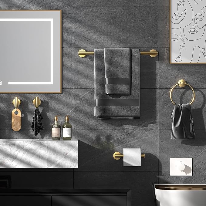 Bathroom Hardware Set Brushed Gold, 10pcs Towel Bar Set Including 2pcs16 inch Towel Bars, Toilet Paper Holders, Towel Rings and 4pcs Robe Towel Hooks