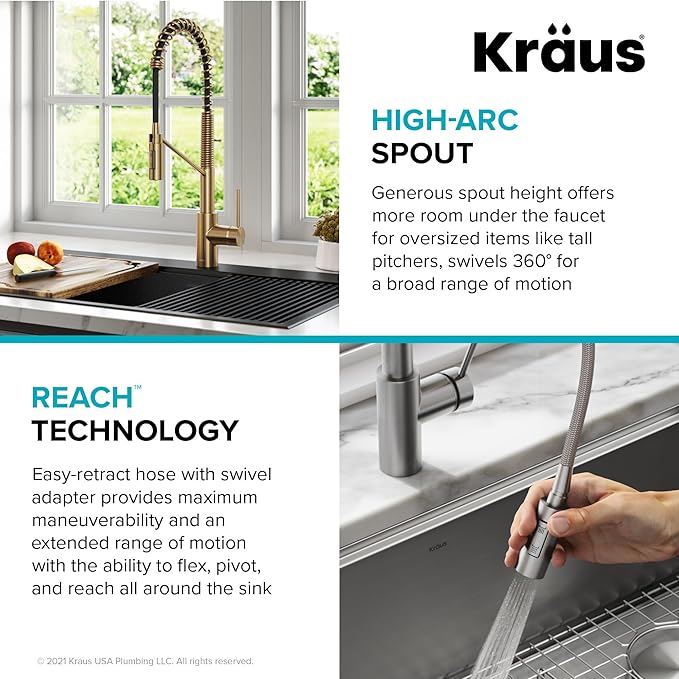 KRAUS Oletto Commercial Style Single Handle Pull Down Kitchen Faucet with QuickDock Top Mount Installation Assembly in Brushed Brass, KPF-2631BB