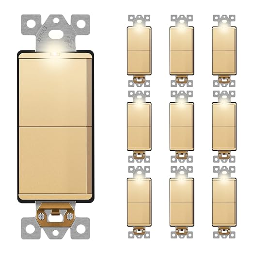 LIDER Minimalist Design Matte Finish Lighted Double Switch, Combination Frameless Decorator Switch with Locator Light, Ground Terminal, Single Pole, 15A 120V, UL Listed, LCS2-1P-GD10P, Gold, 10 Pack