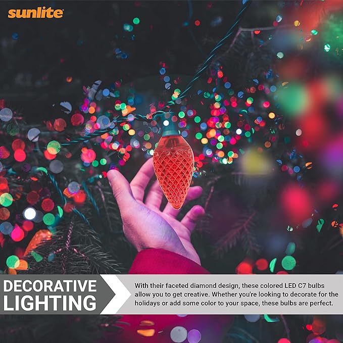 Sunlite 40460 LED C7 Holiday Decorative Light Bulb, 0.4 Watts, E12 Candelabra Base, Faceted Christmas-Lights; Nightlight, Red 24 Count
