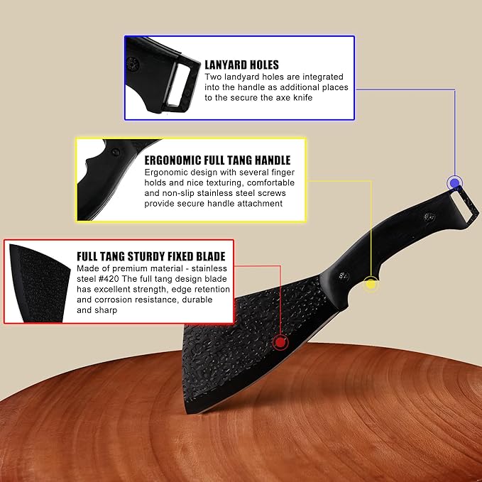 11 Inch Hatchet with Sheath, Small Compact Machete Axes, Fixed Blade Full Tang Camping Tactical Knife for Woodworking, Garden Machete Axe with Sheath for Bushcraft Yards Bushes Wood, A1BK