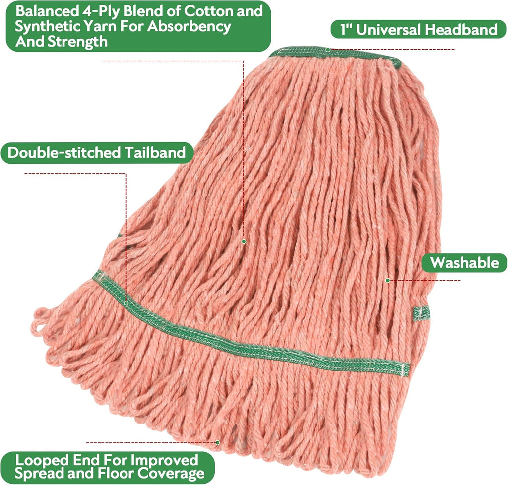 Matthew Cleaning Heavy Duty Mop Head Commercial Replacement for General and Floor Cleaning , Wet Industrial Blue Cotton Looped End String Head Refill (Pack of 6) Orange