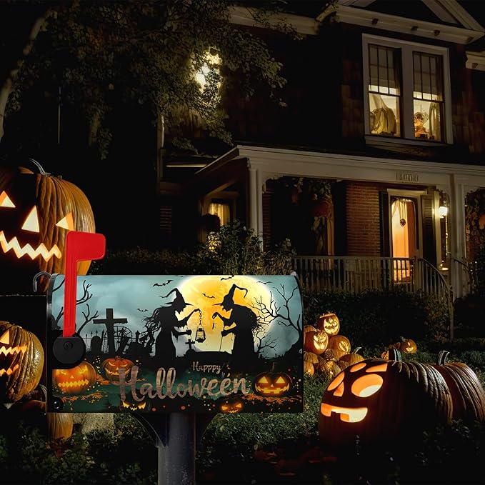 Halloween Witch Moon Mailbox Covers Magnetic 25.5 x 21 Inch Halloween Pumpkin Lanterns Seasonal Pattern Home Houses Mailbox Wraps Letter Box Cover Decorations Large Size for Outdoor
